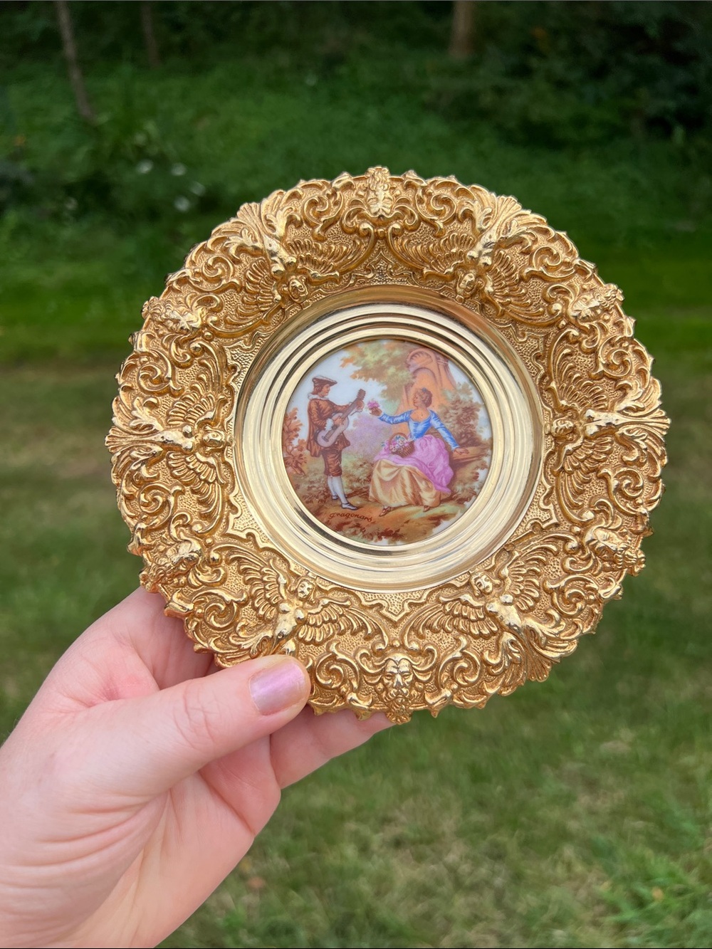 Vintage French Rococo Brass Signed Fragonard Limoges Porcelain Cameo Wall Plaque